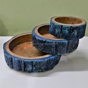 Cuenco redondo de madera hecho a mano de alta calidad para servir, vajilla con estampado de esmalte para artesanías RF, para ensaladas de fiesta y cuencos de arroz de La India - Product Image 5