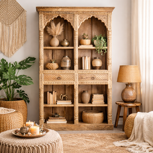 Carved Solid Mango Wood Bookcase <b>Cabinet</b> Mediterranean Style Handcrafted Eco-Friendly Durable Large Capacity Storage Furniture - Product Image 1