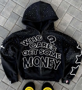 Sudadera con capucha y cremallera personalizada para hombre, bordado de peso pesado extremo, serigrafía, detalle de diamantes de imitación, algodón cepillado de rizo francés, Invierno - Product Image 1