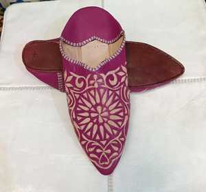 Wholesale Handcrafted Magenta Leather Babouche Slippers Mandala Engraved Purple Moroccan <b>Mules</b> Flat <b>Pointed</b> Shoes multiple color - Product Image 1
