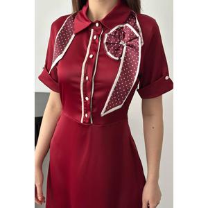 ชุดเดรสผ้าซาตินสีแดงเบอร์กันดีพร้อมผ้าพันคอ - สีแดงเบอร์กันดี - Product Image 4
