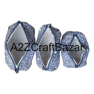 Hand Block Printed <b>Quilted</b> 100 % Pure Cotton Pouch Set Zipper Travel Toiletry & Makeup Organizer Bags Set of 3 Sizes - Product Image 4