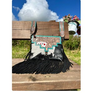 WESTERN ACES Lady Fashion Brown Cowhide Crossbody Poker Shoulder Bag Monedero con flecos Tooled Leather Messenger Purse para mujer - Product Image 1