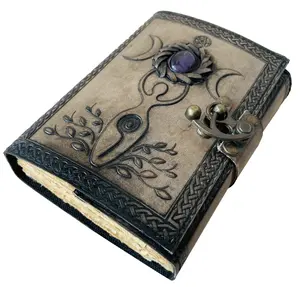 Blank spell book of shadows journal with lock clasp prop vintage handmade leather stone diary embossed moon prayer unlined paper