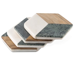 Haute qualité 4 pièces rustique classique blanc base en marbre bois incrustation hexagone géométrique sous-verres fabriqués à la main 5mm tapis et tampons - Product Image 3