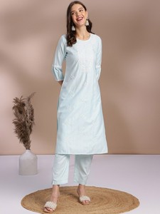 <b>women</b> ethnic <b>Floral</b> Embroidered Regular Thread Work viscose Rayon Kurta with <b>Trousers</b> pant indian pakistani salwar kameez suit - Product Image 3