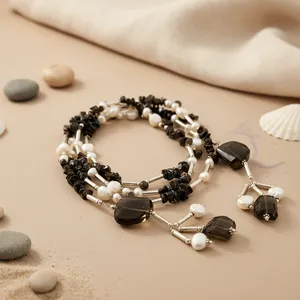 Collier pour femme en argent sterling avec onyx noir et perles, bijoux perlés tendance - Product Image 1