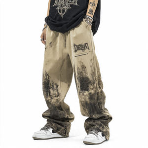 Pantalons de survêtement vintage pour hommes, jambe droite, délavés, style personnalisé, nouveau style, imprimé par pulvérisation, strass, décontracté, hip-hop, en molleton - Product Image 4