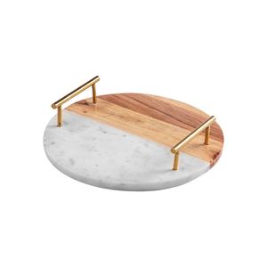 Plateau de service rond en marbre et en bois de qualité supérieure avec poignées en laiton, plat décoratif de luxe pour la maison, la cuisine, l'hôtel, les cadeaux - Product Image 1