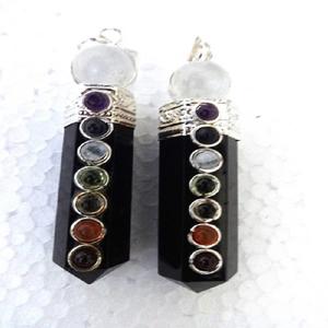 Colgantes de Ágata Negra de Siete Chakras con Punta de Lápiz Hexagonal, Plateados en Plata Antigua, Curativos y Equilibrantes, Estilo Bohemio - Product Image 2