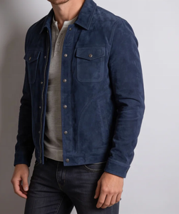 <b>Men's</b> Navy <b>Suede</b> Shirt <b>Jacket</b> Turn-down Collar Button Closure Casual Slim Fit Autumn Wear - Product Image 2