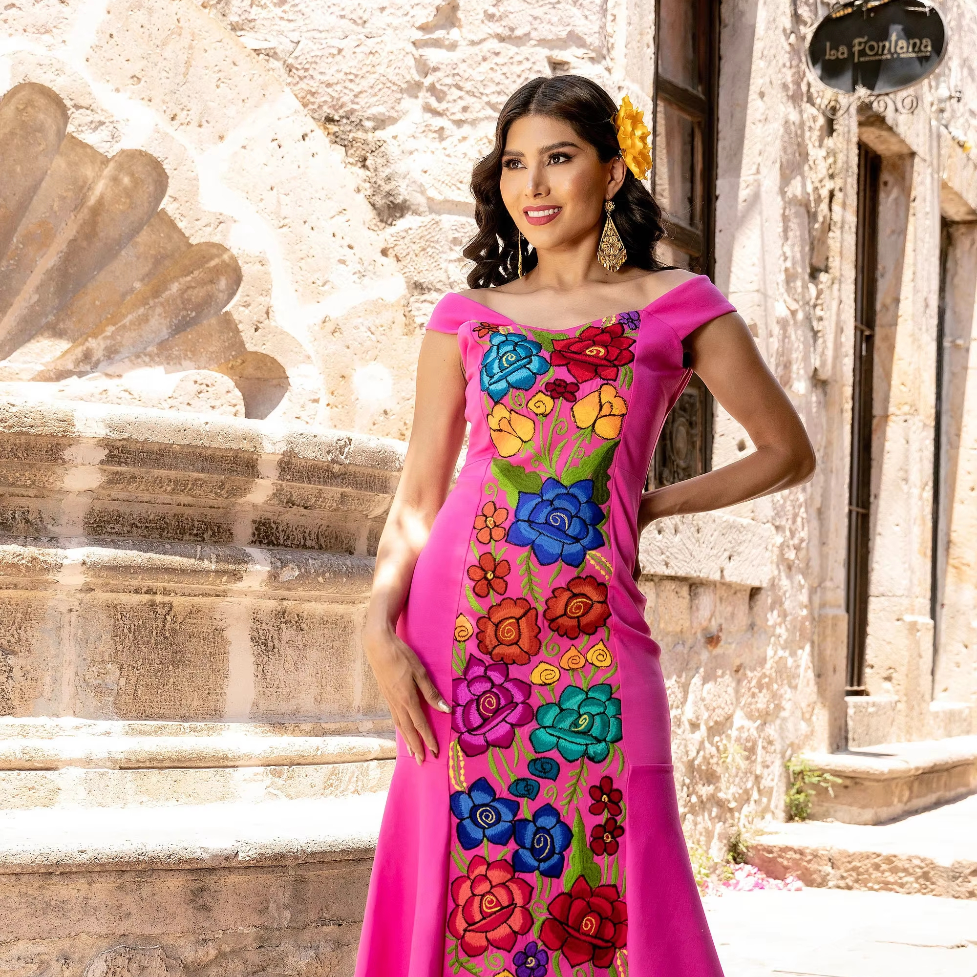 formal traditional mexican dress for woman IDOPIP Women Mexican Dress Off Shoulder Floral Embroidered Long Maxi Dress Traditional Fiesta Dresses