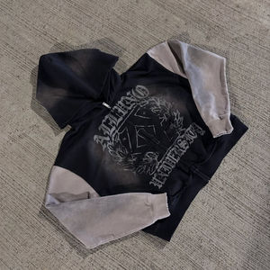 High Quality <b>Trendy</b> Layered Sleeve Zip-up <b>Hoodie</b> Contrast Trim Custom Printing Block Acid Wash 100% Cotton Printed <b>Hoodie</b> - Product Image 1