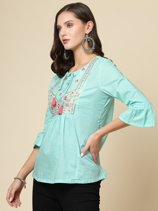 ฤดูร้อนอินเทรนด์และมีสไตล์ผ้าฝ้ายสีเทอร์ควอยซ์ Kurti ปักคอในแฟชั่นลําลองสีเทอร์ควอยซ์สวมใส่ Kurti - Product Image 2