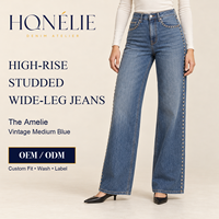 Jean large taille haute clouté pour femme, denim bleu moyen vintage, longueur intégrale, OEM ODM, marque privée, coupe personnalisée, lavage, vente en gros