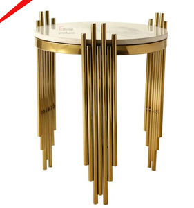 Increíble mesa de té con tapa de mármol redondeada con lado de pierna de metal para sala de estar - Product Image 1