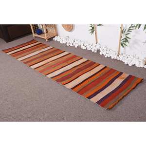 พรมขนแกะสีเบจโบฮีเมียนสีส้มงานแฮนด์เมดพื้นที่ขนาดใหญ่รูปสี่เหลี่ยมผืนผ้างานเย็บปะติดโถงทางเดินแอบสแตรกสำหรับห้องนอน2.3 x 8.4ft ลาเท็กซ์ - Product Image 1