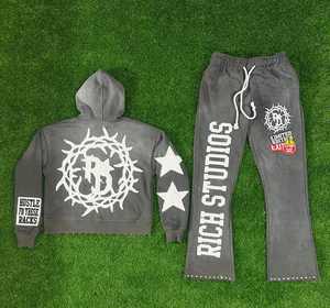 Ensemble de vêtements de rue pour hommes personnalisés, pantalon vintage délavé, sweat-shirt ample surdimensionné avec patch brodé, imprimé, sweat-shirt uni - Product Image 2