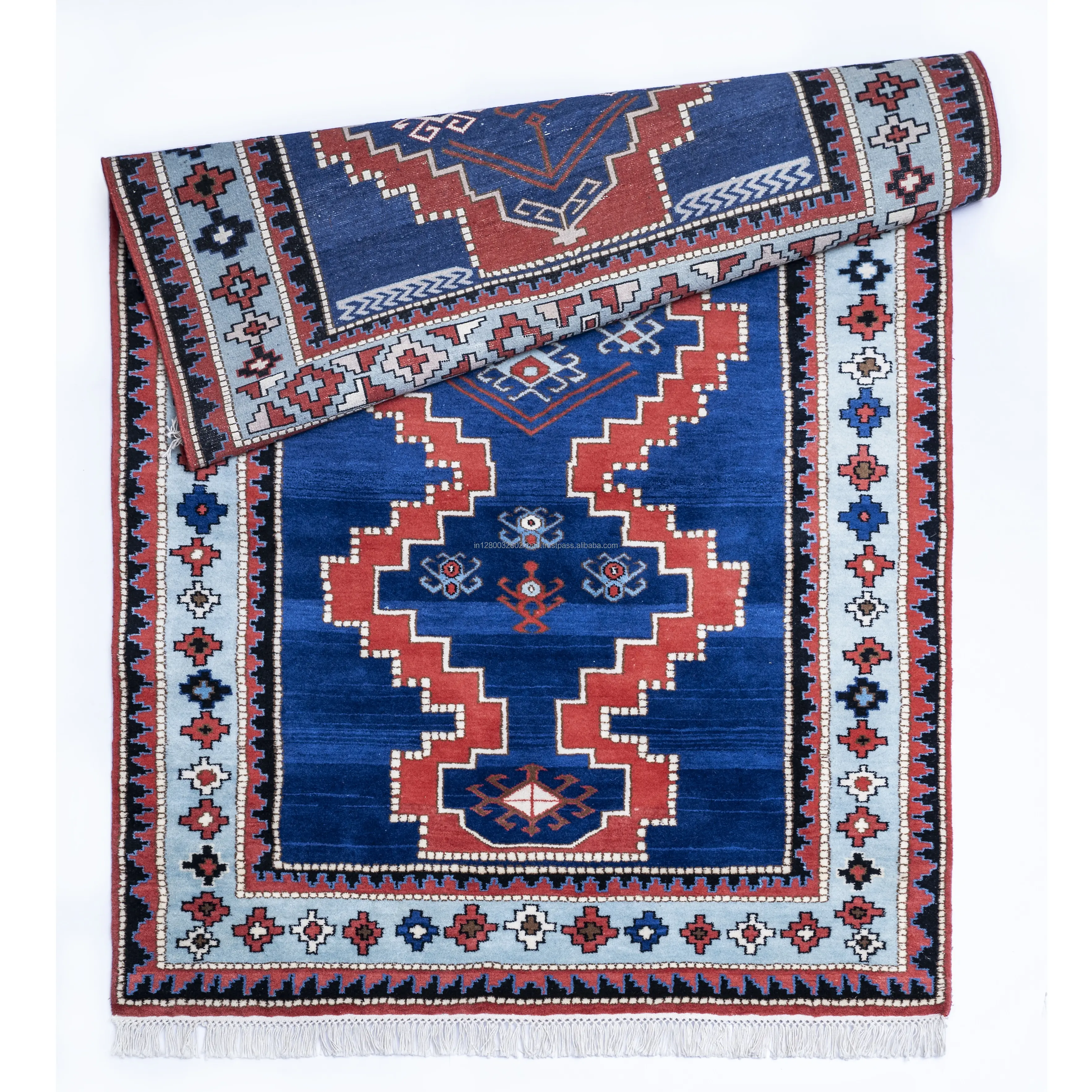 Tapete de mão com nó de cor azul com desenho geométrico tapete de pilha muito macio tapete tradicional antigo de alta qualidade da Índia