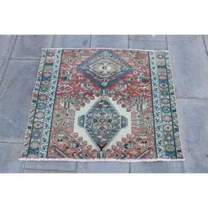 Turkish Small Rug 3.1x2.7 ft, <b>Red</b> Ikat Vintage <b>Wool</b> Rug - Product Image 1
