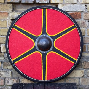 โล่ไม้ทรงกลมสีแดงสไตล์ยุคกลาง ขนาด 24 นิ้ว ของ CH Vikings ผลิตภัณฑ์ตกแต่งบ้านแบบวินเทจ ทำด้วยมือ ขัดเงา ปลอดภัย งานฝีมือคาลวิน - Product Image 1