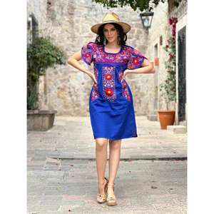 Vestido Maxi de Algodón con Bordado Floral Azul para Mujer, Manga Corta Abullonada, Estilo Étnico Casual de Verano, Estilo Bohemio, Cintura Natural, Lavable - Product Image 1