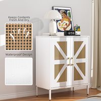 Buffet de Rattan Branco com Portas e Prateleiras, Mesa Console de Estilo Mid Century para Sala de Estar, Cozinha e Sala de Jantar