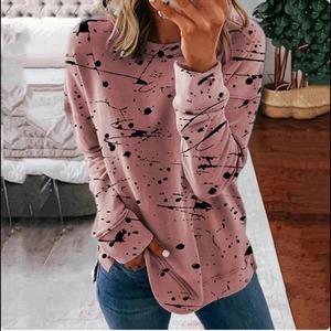 เสื้อยืดคอหลวมแขนยาวสำหรับผู้หญิงสีพื้นพิมพ์ลายอารมณ์เรียบง่ายสไตล์ลำลองสำหรับฤดูใบไม้ผลิเดินทางผ้าถัก - Product Image 4