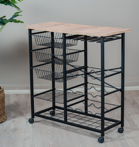 Carrito de Almacenamiento Rodante para Cocina con Estante para Vino, Carro Metálico Multiusos con Superficie de Madera, Organizador Multifuncional 60x40x30cm - Product Image 4