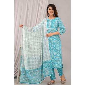 Light Blue Chiffon Floral Print Kurta with Yoke Design Three Quarter Sleeves & Coordinating Trousers & Dupatta - Product Image 1