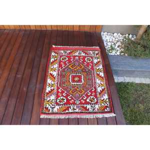 Turkish Vintage Small Rug 2.5x3.3 ft, <b>Red</b> <b>Wool</b> Rug - Product Image 1