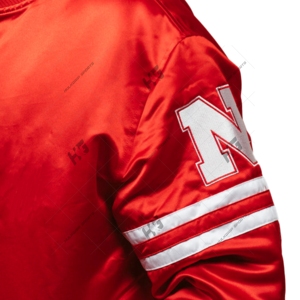 Chaqueta bomber de satén rojo para hombre, rayas blancas paralelas personalizadas en las mangas, ropa de calle, chaqueta universitaria, puño de punto acanalado - Product Image 6