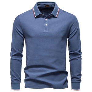 Polo de Manga Larga Azul Marino para Hombre, Tejido de Punto, Color Sólido, Casual, con Botones, Corte Regular, Antiarrugas, de Algodón - Product Image 4
