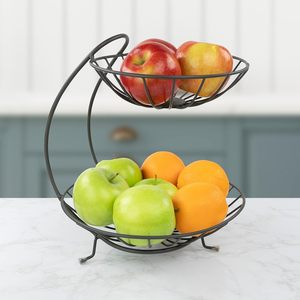 2-Tiered Rattan Storage <b>Baskets</b> Kitchen Counter Top Hanging Organizer for Fruit <b>Bread</b> and Home Use with Handles - Product Image 3