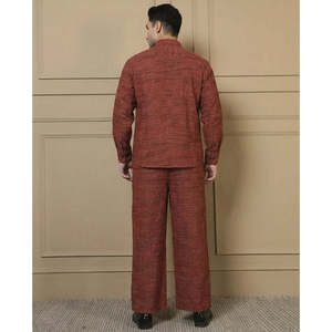 Amanush <b>Men's</b> Cotton Tan Textured Kurta With Pant Co-ord Set Woven Mandarin Collar Full Sleeve Casual Summer Daily Wear - Product Image 4