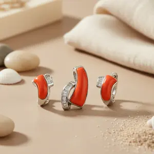 Anillos de Moda Bohemia Moderna para Mujer, Plata con Incrustaciones de Coral, Diseño Geométrico, Joyería Elegante de Jade, Estilo Religioso Cristiano, Garra - Product Image 2