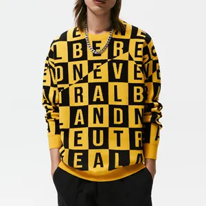 LeBo fábrica atacado personalizado homens amarelo manga longa tripulação pescoço carta padrão jacquard homens camisola de malha