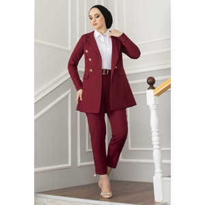 Burgundy Handkerchief Collar Detail Hijab Set with <b>Button</b> Decoration - Product Image 1