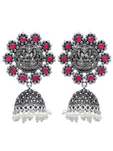 Best Selling High Grade Pink Crystal Geometric Stud Earrings Oxidised <b>Silver</b> Long <b>Jhumka</b> Earrings for Women & Girls - Product Image 3