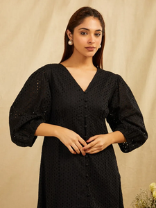 Nouveau à la mode Unique personnalisé femmes Designer noir brodé solide décontracté pleine longueur robe des femmes au prix de gros - Product Image 3