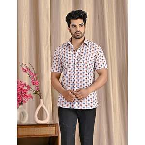 Chemise décontractée en popeline de coton blanche pour homme, imprimée, manches courtes, respirante, style western, taille XL - Product Image 1