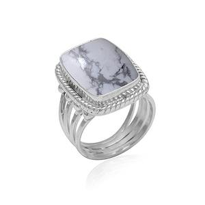 Anillo de aniversario de Plata de Ley 925 hecho a mano con piedra preciosa de howlita de corte princesa, joyería sólida con sello de firma - Product Image 1