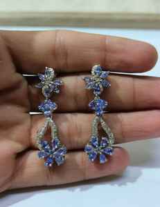 925 Sterling Silver Fine <b>Studs</b> <b>Earrings</b> Natural Diamond and Tanzanite Gemstone Elegant Diamond Jewelry - Product Image 5