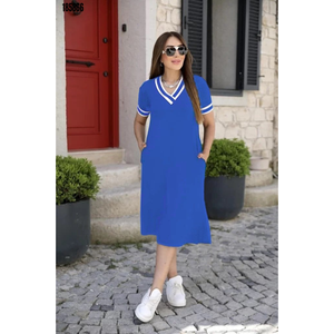 Women's Short Sleeve V-Neck and Ribbed Collar Midi Length <b>Viscose</b> <b>Dress</b>, 38331 - Blue - Product Image 1