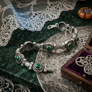 กำไลข้อมือเงินแท้ 925 สไตล์โบราณประดับด้วยหินอาเกตสีเขียว |   เครื่องประดับทำมือจากตุรกี - Product Image 5