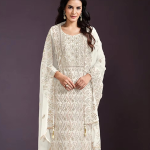 Traje paquistaní de seda de gasa pesada Diamantes bordados Patrón floral Lavable Maxi Vestido de fiesta informal Colección O-cuello largo - Product Image 1