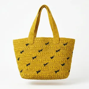 Bolso de Hombro Bohemio de Paja Tejida Ecológico con Parte Superior Abierta, Patrón Geométrico, Asa Única, para Playa, Compras y Viajes de Verano - Product Image 3