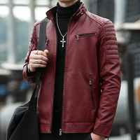 Chaqueta de Cuero Genuino de Alta Calidad para Hombre, Cuello Alto, Edición Limitada, Moda de Invierno, Bordado Personalizado, Rojo en la Parte Delantera