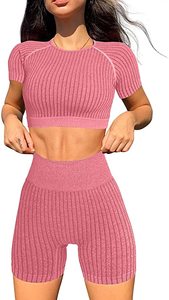 Camisa de media manga con cuello en U y pantalones cortos para mujer, conjunto de entrenamiento de 2 piezas, pantalones cortos de Yoga y gimnasio, ropa para correr, Top corto activo - Product Image 6