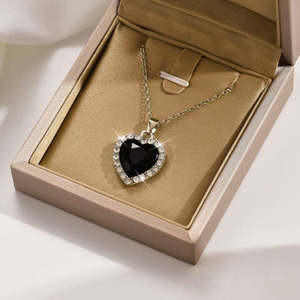 NOVAMART Fine Hallmarked Silver Pendant with <b>Black</b> Heart Diamond Zircon Bezel Setting Platinum Rose Gold <b>Chain</b> Vintage Trendy Ge - Product Image 2